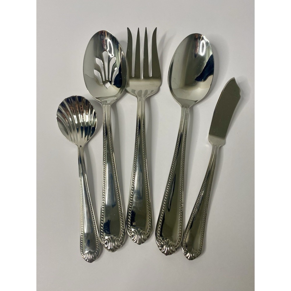 Lenox 18/10 Stainless Steel Bead 5 Piece Hostess Serving Set Spoons Meat Fork #2